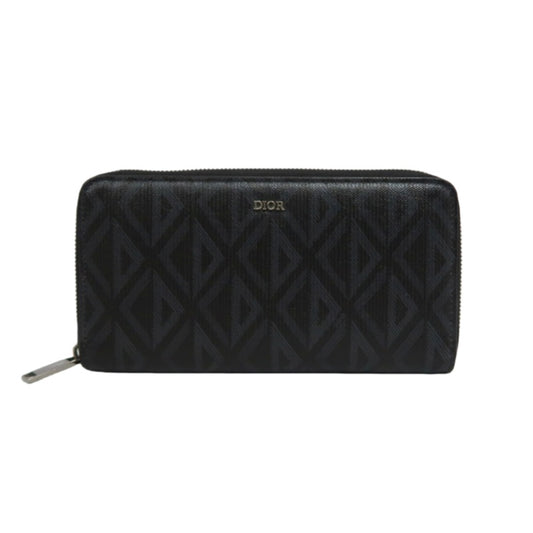 DIOR CD Diamond Round Zip Long Wallet, Black PVC, Silver Hardware, With Box & Dust Bag
