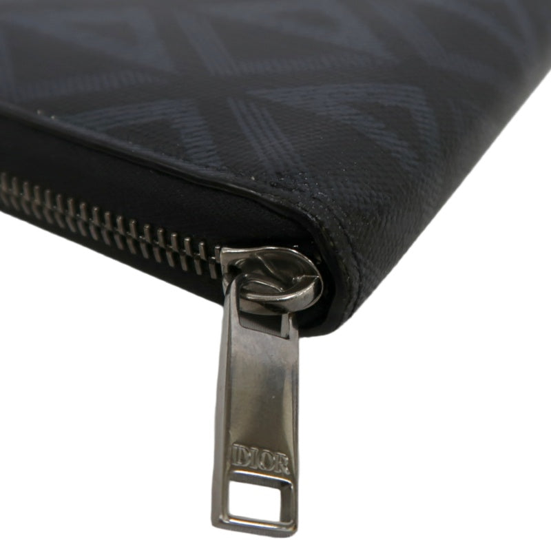 DIOR CD Diamond Round Zip Long Wallet, Black PVC, Silver Hardware, With Box & Dust Bag