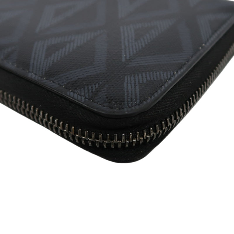 DIOR CD Diamond Round Zip Long Wallet, Black PVC, Silver Hardware, With Box & Dust Bag