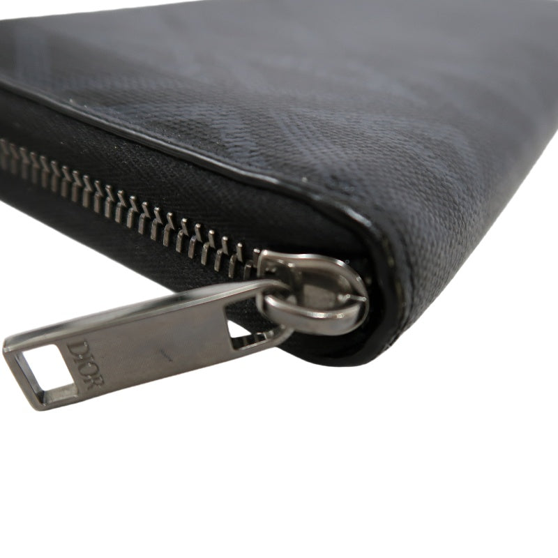 DIOR CD Diamond Round Zip Long Wallet, Black PVC, Silver Hardware, With Box & Dust Bag