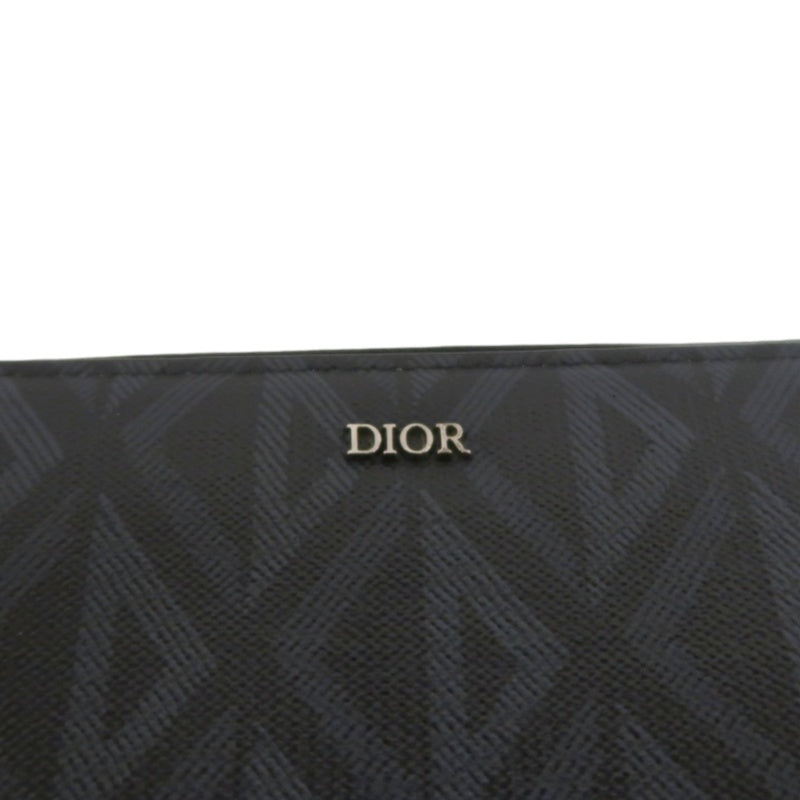 DIOR CD Diamond Round Zip Long Wallet, Black PVC, Silver Hardware, With Box & Dust Bag