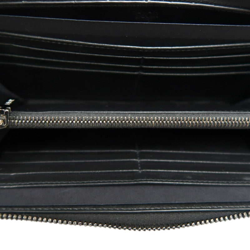DIOR CD Diamond Round Zip Long Wallet, Black PVC, Silver Hardware, With Box & Dust Bag