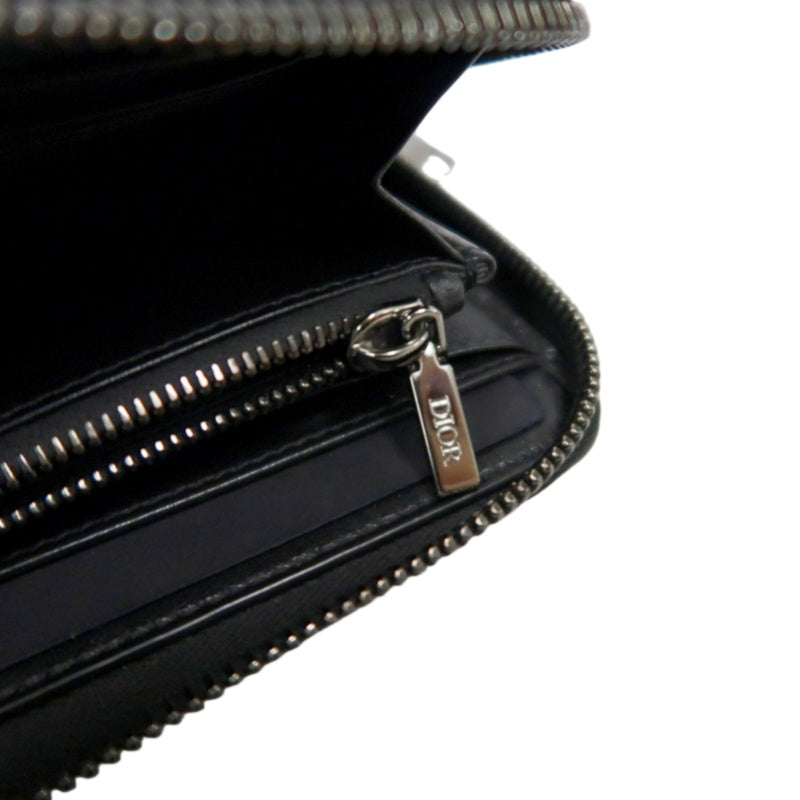 DIOR CD Diamond Round Zip Long Wallet, Black PVC, Silver Hardware, With Box & Dust Bag