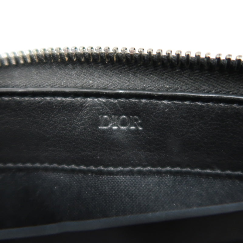 DIOR CD Diamond Round Zip Long Wallet, Black PVC, Silver Hardware, With Box & Dust Bag