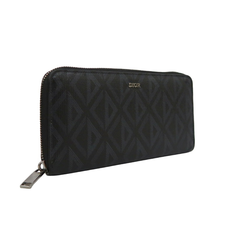 DIOR CD Diamond Round Zip Long Wallet, Black PVC, Silver Hardware, With Box & Dust Bag