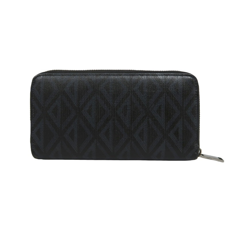 DIOR CD Diamond Round Zip Long Wallet, Black PVC, Silver Hardware, With Box & Dust Bag