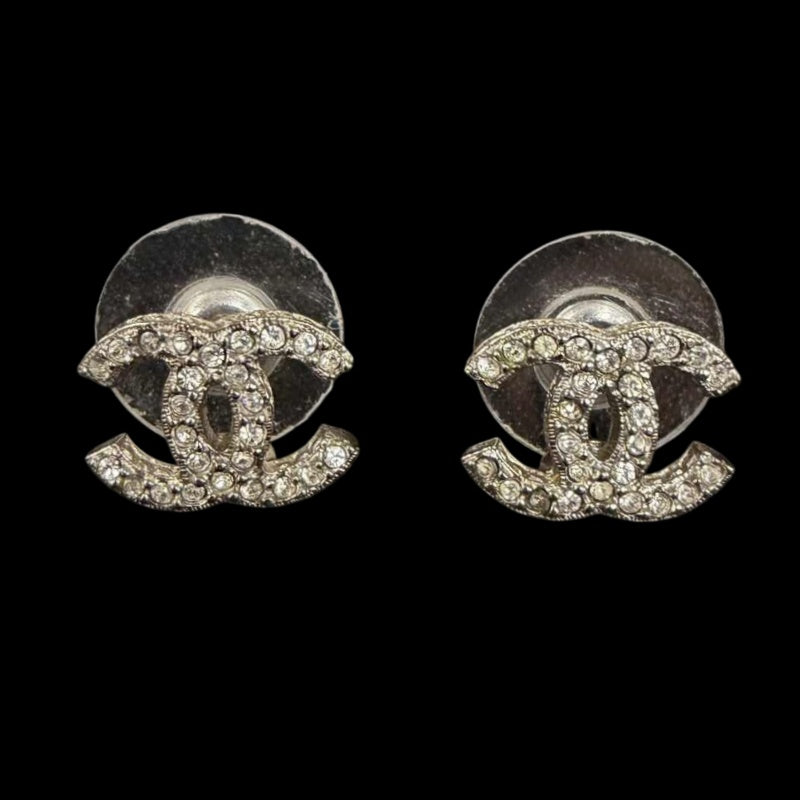 CHANEL Coco Mark Earrings Rhinestone Silver Alloy Hardware