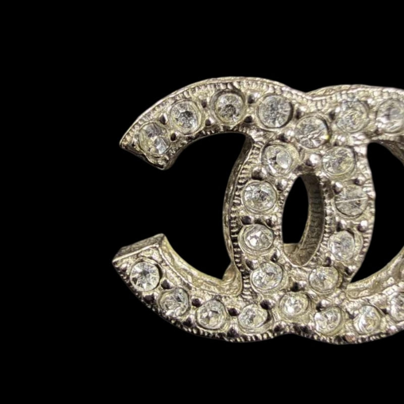 CHANEL Coco Mark Earrings Rhinestone Silver Alloy Hardware