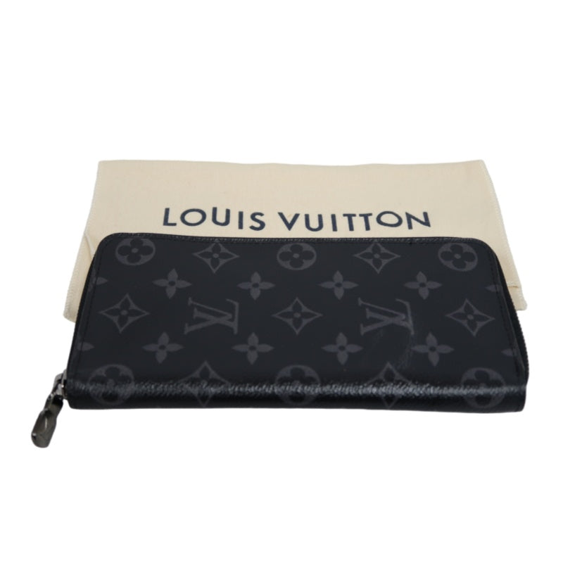 LOUIS VUITTON Monogram Eclipse Zippy Vertical Long Wallet Pvc Black Silver Hardware With Dust Bag