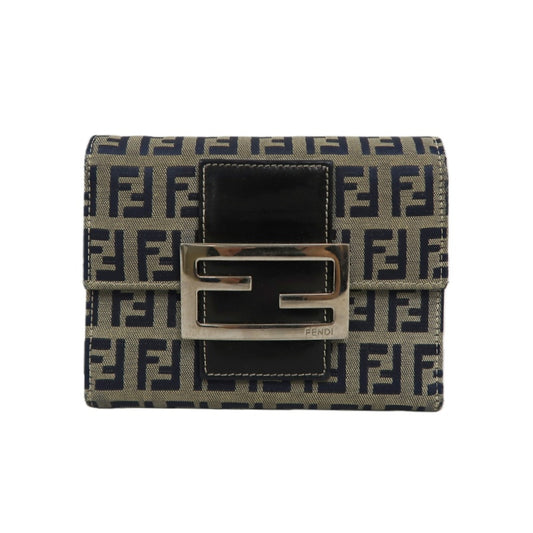 FENDI Zuccino Tri-fold Wallet, Navy/Grey Canvas, Silver Hardware