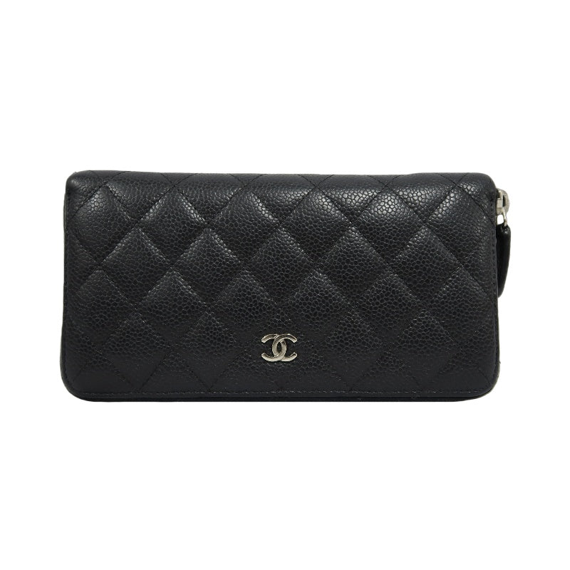 CHANEL Matelassé Round Zip Long Wallet, Caviar Skin, Black, Silver Hardware