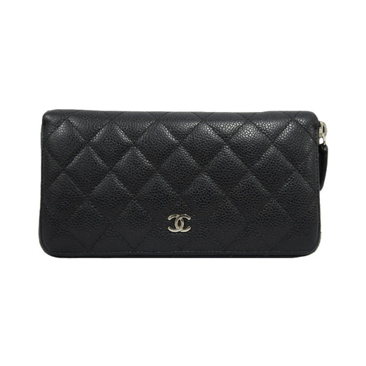 CHANEL Matelassé Round Zip Long Wallet, Caviar Skin, Black, Silver Hardware