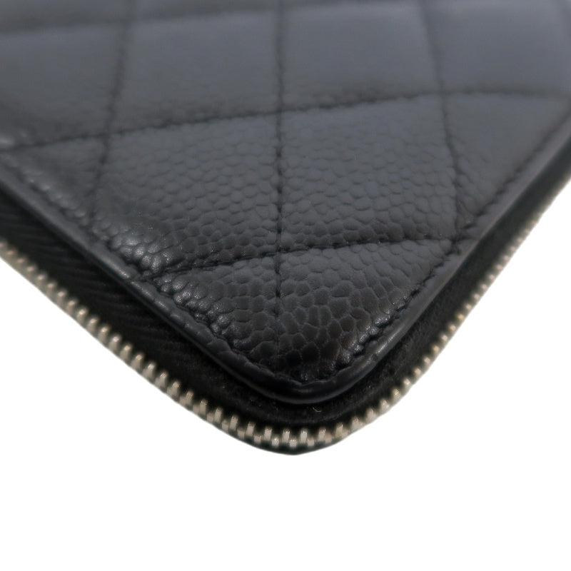 CHANEL Matelassé Round Zip Long Wallet, Caviar Skin, Black, Silver Hardware