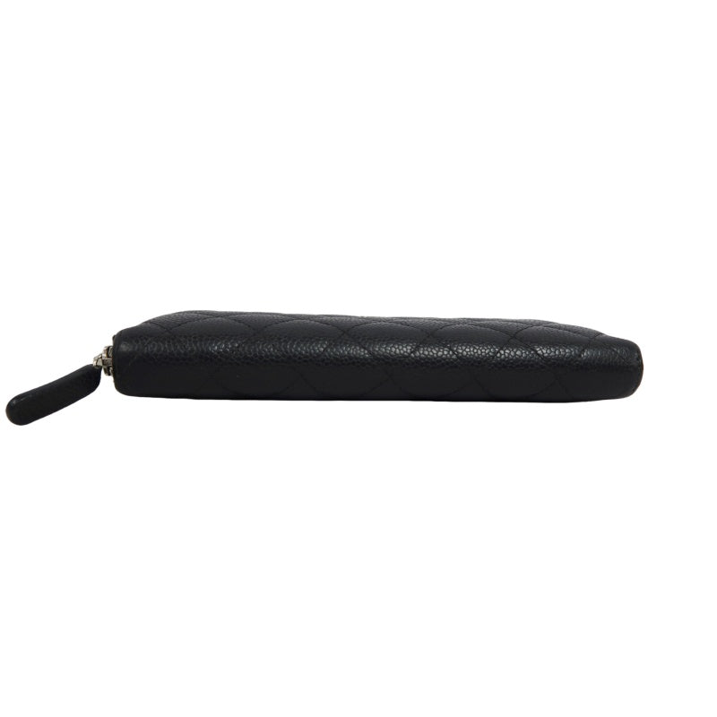CHANEL Matelassé Round Zip Long Wallet, Caviar Skin, Black, Silver Hardware