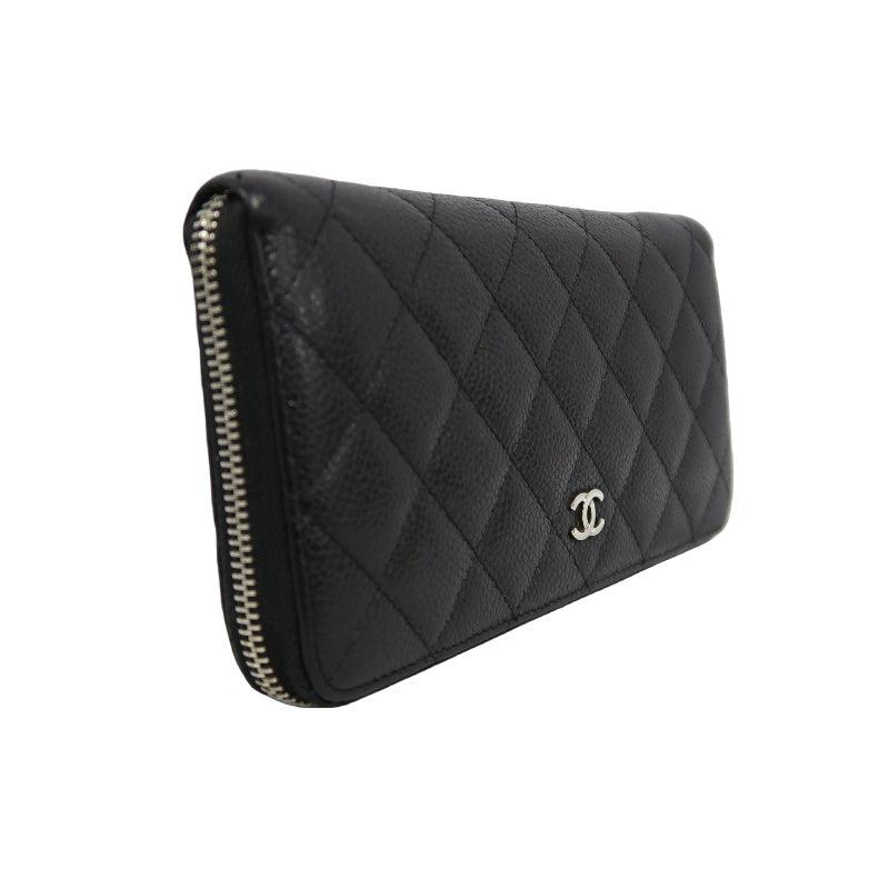 CHANEL Matelassé Round Zip Long Wallet, Caviar Skin, Black, Silver Hardware