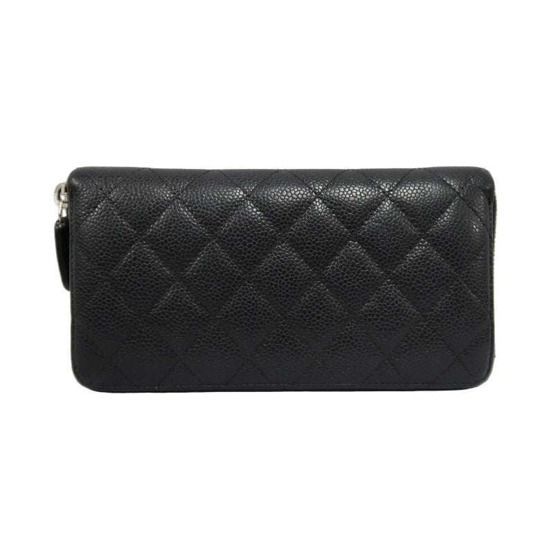CHANEL Matelassé Round Zip Long Wallet, Caviar Skin, Black, Silver Hardware