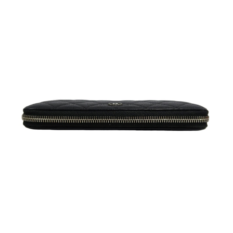 CHANEL Matelassé Round Zip Long Wallet, Caviar Skin, Black, Silver Hardware