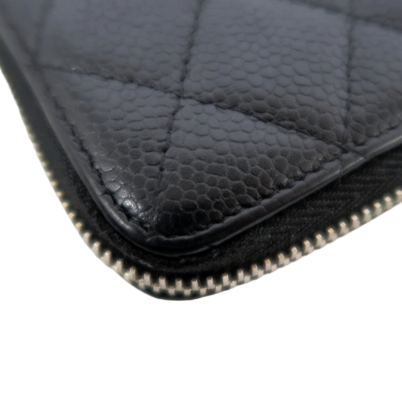 CHANEL Matelassé Round Zip Long Wallet, Caviar Skin, Black, Silver Hardware