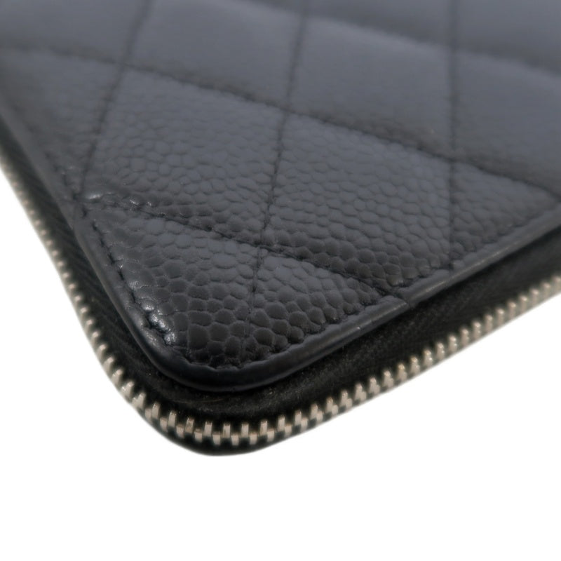 CHANEL Matelassé Round Zip Long Wallet, Caviar Skin, Black, Silver Hardware