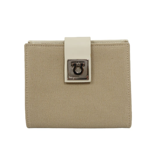 SALVATORE FERRAGAMO GANCINI BIFOLD WALLET CANVAS LEATHER BEIGE SILVER GANCINI BUCKLE HARDWARE