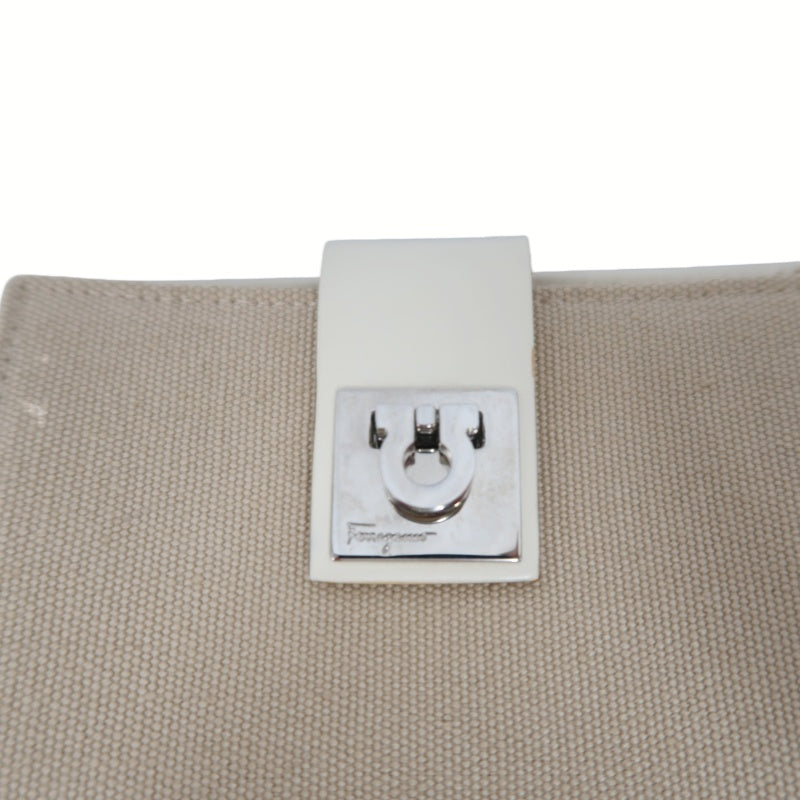 SALVATORE FERRAGAMO GANCINI BIFOLD WALLET CANVAS LEATHER BEIGE SILVER GANCINI BUCKLE HARDWARE