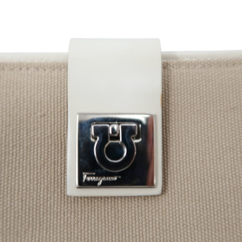 SALVATORE FERRAGAMO GANCINI BIFOLD WALLET CANVAS LEATHER BEIGE SILVER GANCINI BUCKLE HARDWARE