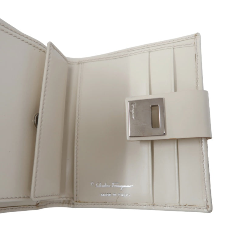 SALVATORE FERRAGAMO GANCINI BIFOLD WALLET CANVAS LEATHER BEIGE SILVER GANCINI BUCKLE HARDWARE