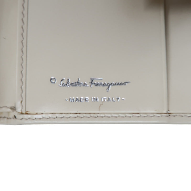 SALVATORE FERRAGAMO GANCINI BIFOLD WALLET CANVAS LEATHER BEIGE SILVER GANCINI BUCKLE HARDWARE