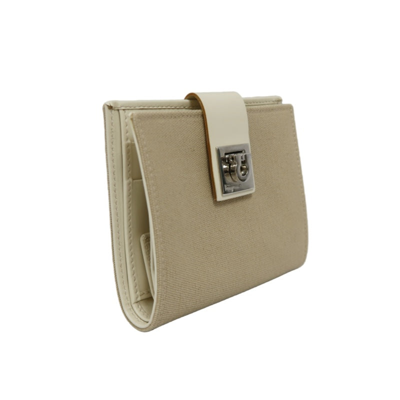 SALVATORE FERRAGAMO GANCINI BIFOLD WALLET CANVAS LEATHER BEIGE SILVER GANCINI BUCKLE HARDWARE