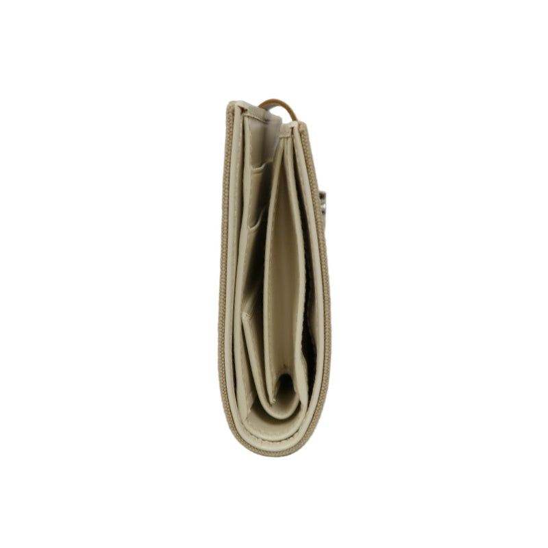 SALVATORE FERRAGAMO GANCINI BIFOLD WALLET CANVAS LEATHER BEIGE SILVER GANCINI BUCKLE HARDWARE