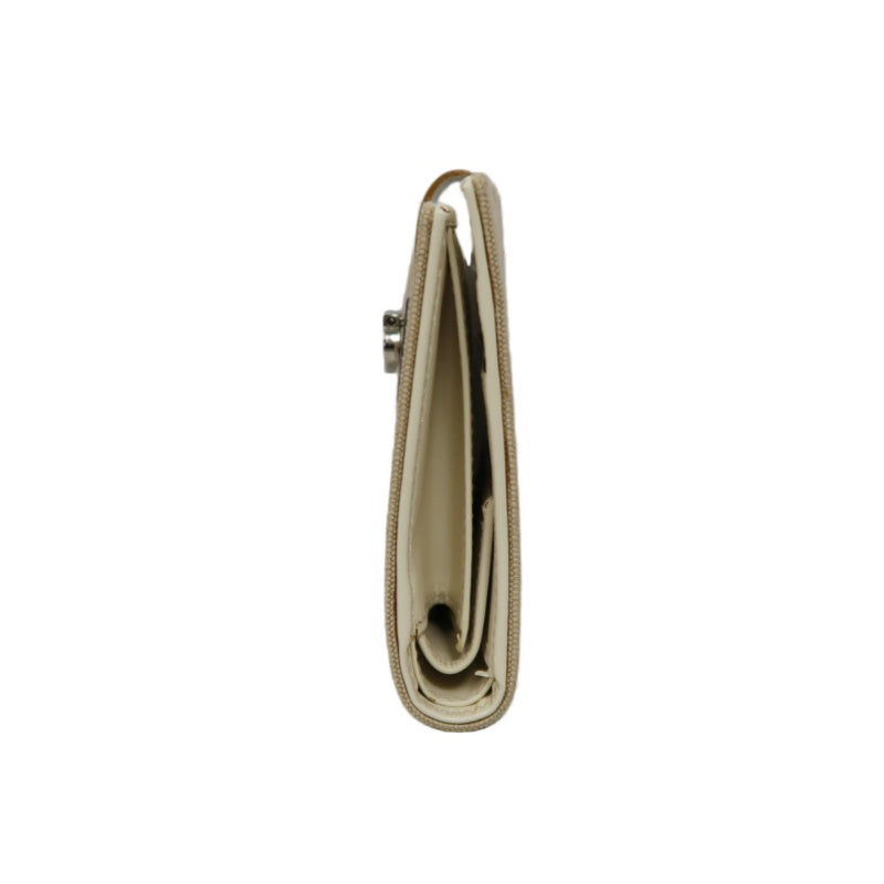 SALVATORE FERRAGAMO GANCINI BIFOLD WALLET CANVAS LEATHER BEIGE SILVER GANCINI BUCKLE HARDWARE