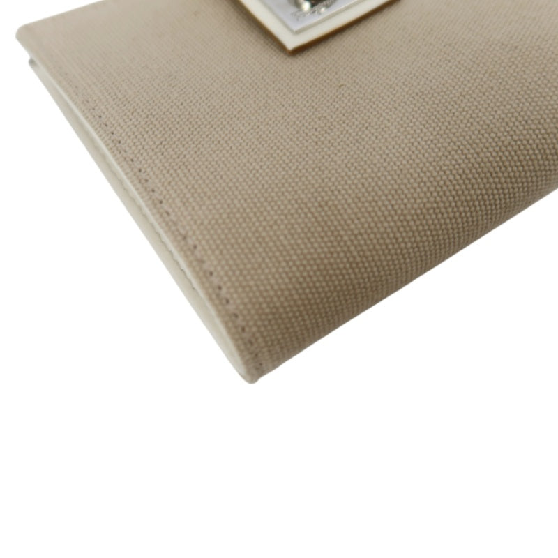 SALVATORE FERRAGAMO GANCINI BIFOLD WALLET CANVAS LEATHER BEIGE SILVER GANCINI BUCKLE HARDWARE