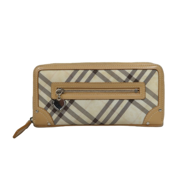 BURBERRY CHECK PATTERN ZIP AROUND LONG WALLET CANVAS LEATHER BEIGE BROWN SILVER HEART CHARM HARDWARE