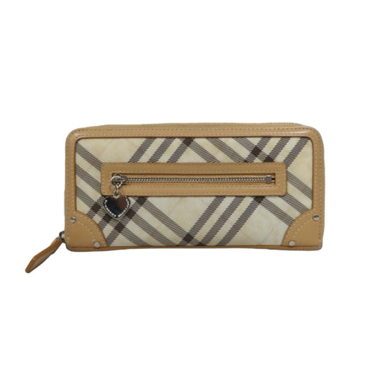 BURBERRY CHECK PATTERN ZIP AROUND LONG WALLET CANVAS LEATHER BEIGE BROWN SILVER HEART CHARM HARDWARE