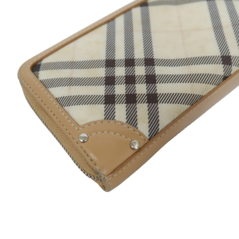 BURBERRY CHECK PATTERN ZIP AROUND LONG WALLET CANVAS LEATHER BEIGE BROWN SILVER HEART CHARM HARDWARE