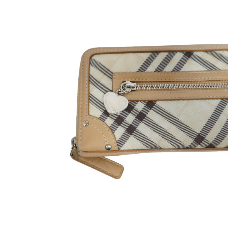 BURBERRY CHECK PATTERN ZIP AROUND LONG WALLET CANVAS LEATHER BEIGE BROWN SILVER HEART CHARM HARDWARE