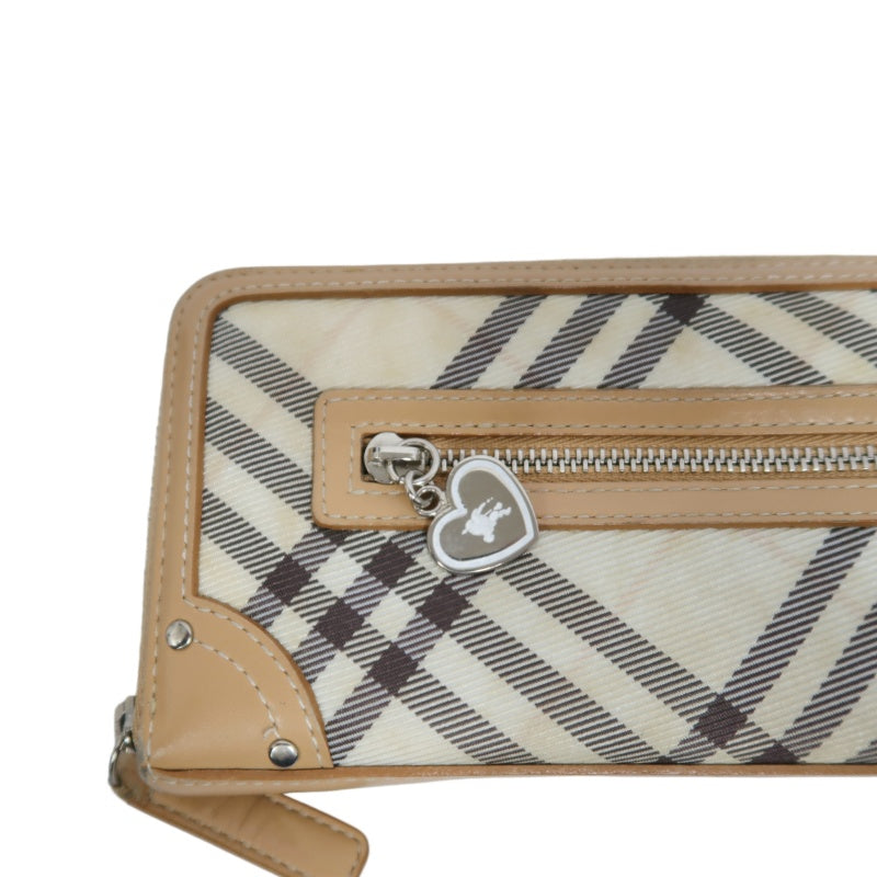 BURBERRY CHECK PATTERN ZIP AROUND LONG WALLET CANVAS LEATHER BEIGE BROWN SILVER HEART CHARM HARDWARE