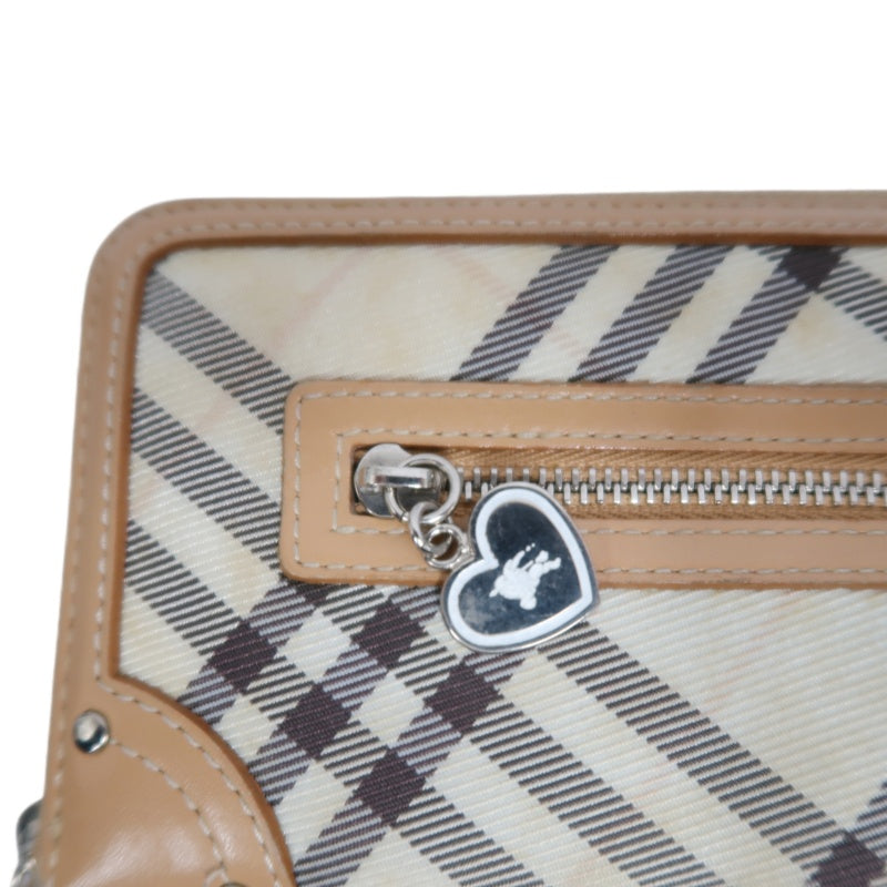 BURBERRY CHECK PATTERN ZIP AROUND LONG WALLET CANVAS LEATHER BEIGE BROWN SILVER HEART CHARM HARDWARE