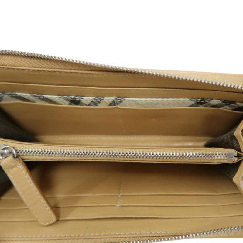 BURBERRY CHECK PATTERN ZIP AROUND LONG WALLET CANVAS LEATHER BEIGE BROWN SILVER HEART CHARM HARDWARE
