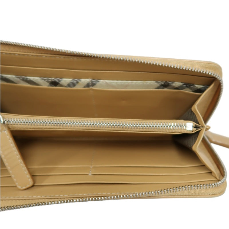 BURBERRY CHECK PATTERN ZIP AROUND LONG WALLET CANVAS LEATHER BEIGE BROWN SILVER HEART CHARM HARDWARE