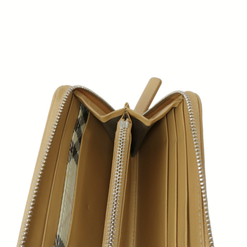 BURBERRY CHECK PATTERN ZIP AROUND LONG WALLET CANVAS LEATHER BEIGE BROWN SILVER HEART CHARM HARDWARE