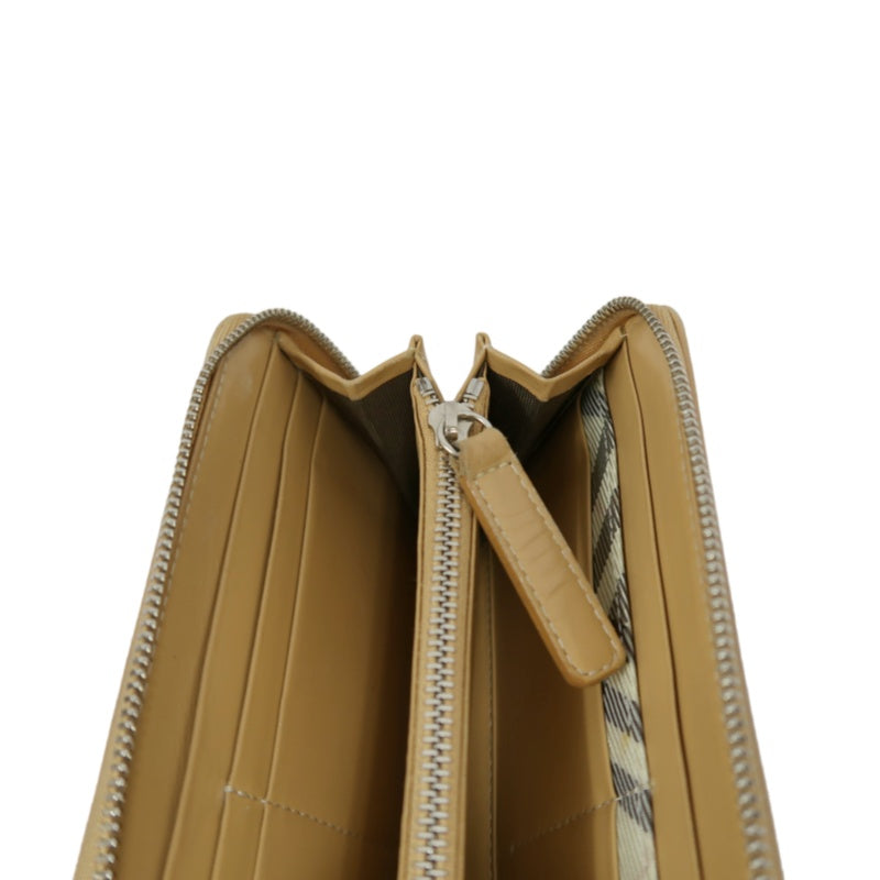 BURBERRY CHECK PATTERN ZIP AROUND LONG WALLET CANVAS LEATHER BEIGE BROWN SILVER HEART CHARM HARDWARE