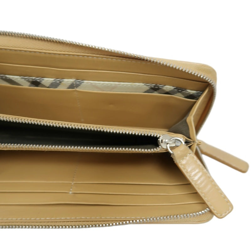 BURBERRY CHECK PATTERN ZIP AROUND LONG WALLET CANVAS LEATHER BEIGE BROWN SILVER HEART CHARM HARDWARE