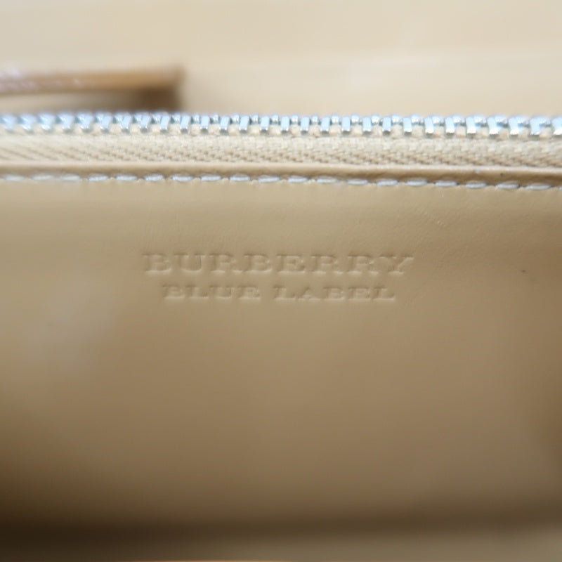 BURBERRY CHECK PATTERN ZIP AROUND LONG WALLET CANVAS LEATHER BEIGE BROWN SILVER HEART CHARM HARDWARE