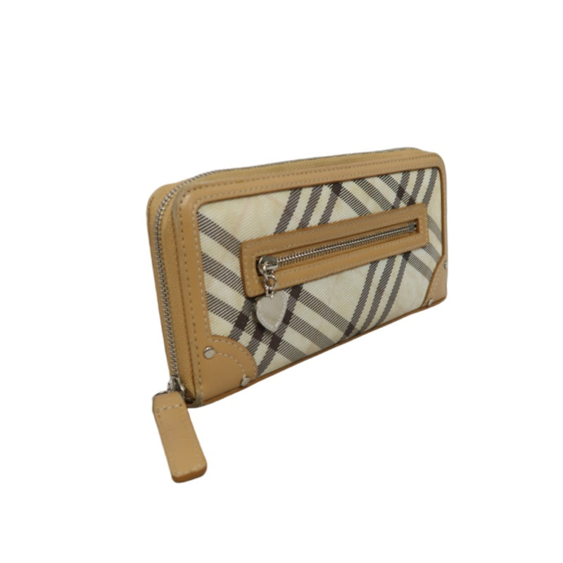 BURBERRY CHECK PATTERN ZIP AROUND LONG WALLET CANVAS LEATHER BEIGE BROWN SILVER HEART CHARM HARDWARE