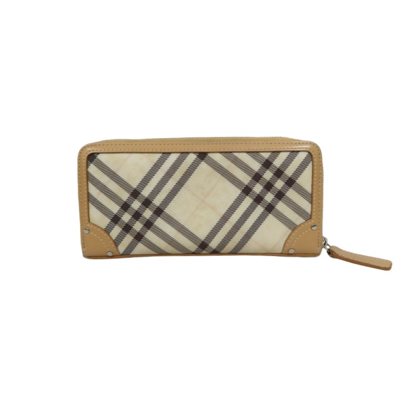 BURBERRY CHECK PATTERN ZIP AROUND LONG WALLET CANVAS LEATHER BEIGE BROWN SILVER HEART CHARM HARDWARE