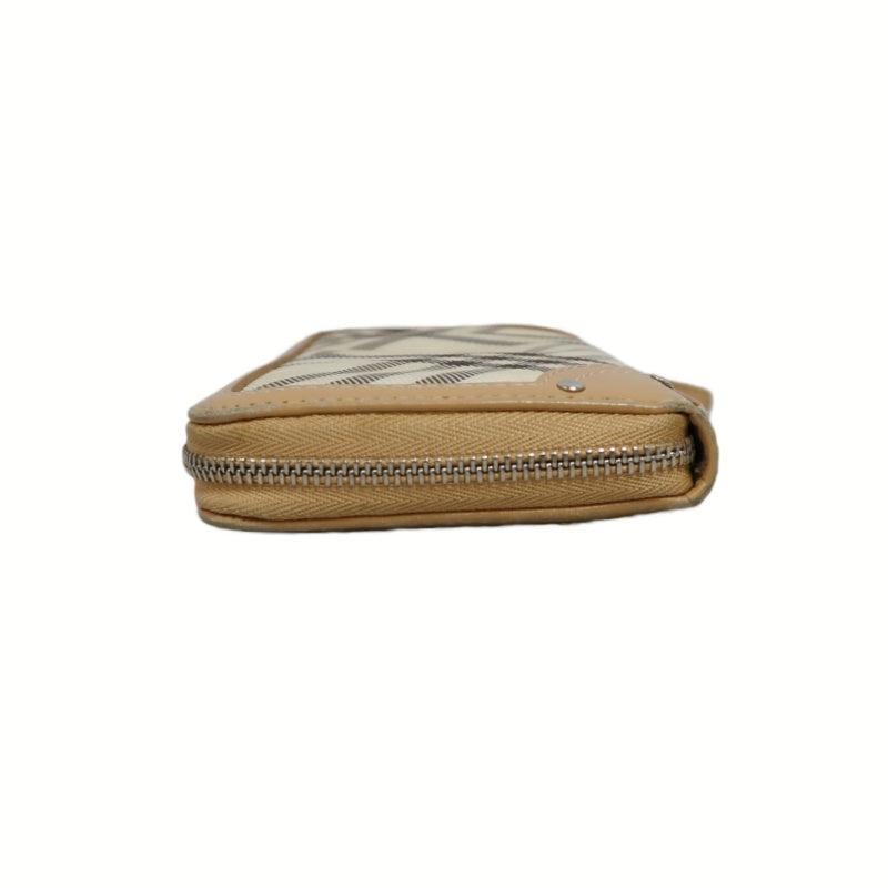BURBERRY CHECK PATTERN ZIP AROUND LONG WALLET CANVAS LEATHER BEIGE BROWN SILVER HEART CHARM HARDWARE
