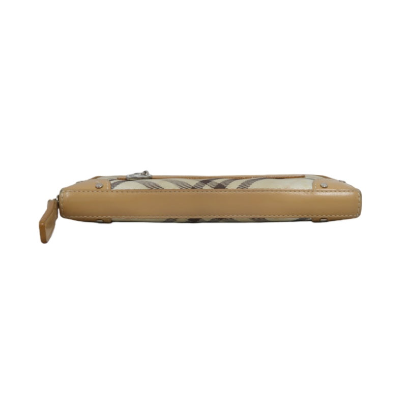 BURBERRY CHECK PATTERN ZIP AROUND LONG WALLET CANVAS LEATHER BEIGE BROWN SILVER HEART CHARM HARDWARE