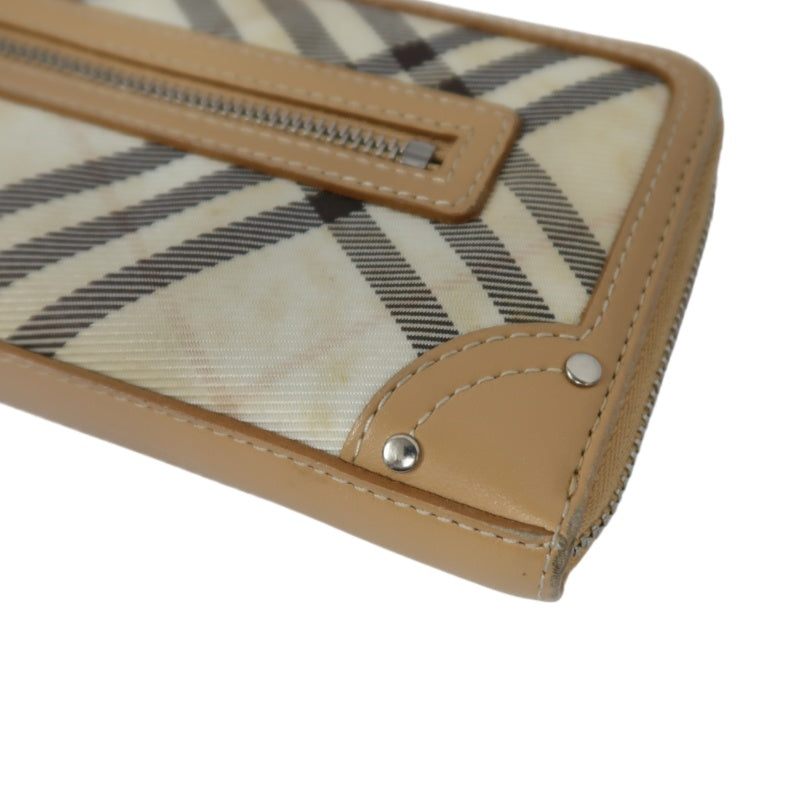 BURBERRY CHECK PATTERN ZIP AROUND LONG WALLET CANVAS LEATHER BEIGE BROWN SILVER HEART CHARM HARDWARE