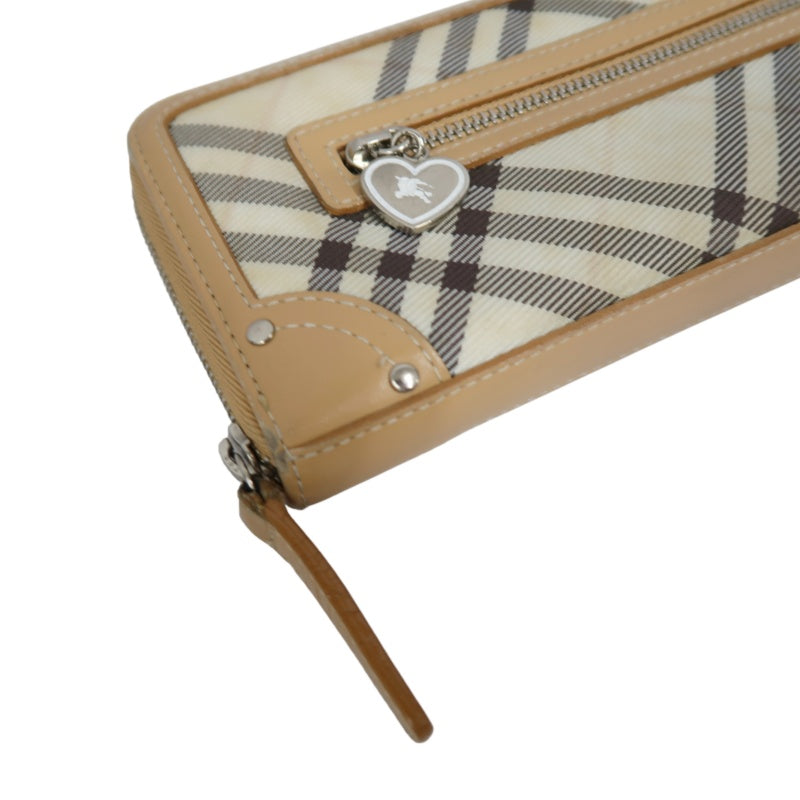 BURBERRY CHECK PATTERN ZIP AROUND LONG WALLET CANVAS LEATHER BEIGE BROWN SILVER HEART CHARM HARDWARE